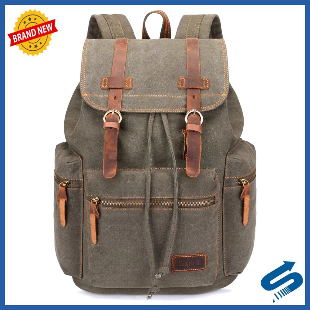 Vintage Canvas Backpack Leather Trim Casual Daypack Laptop Travel Rucksack
